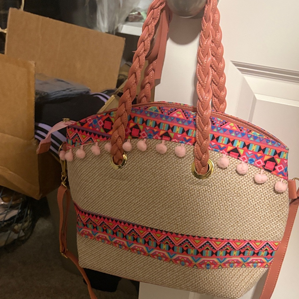 Boho Pink Pom-Pom Straw Tote Bag